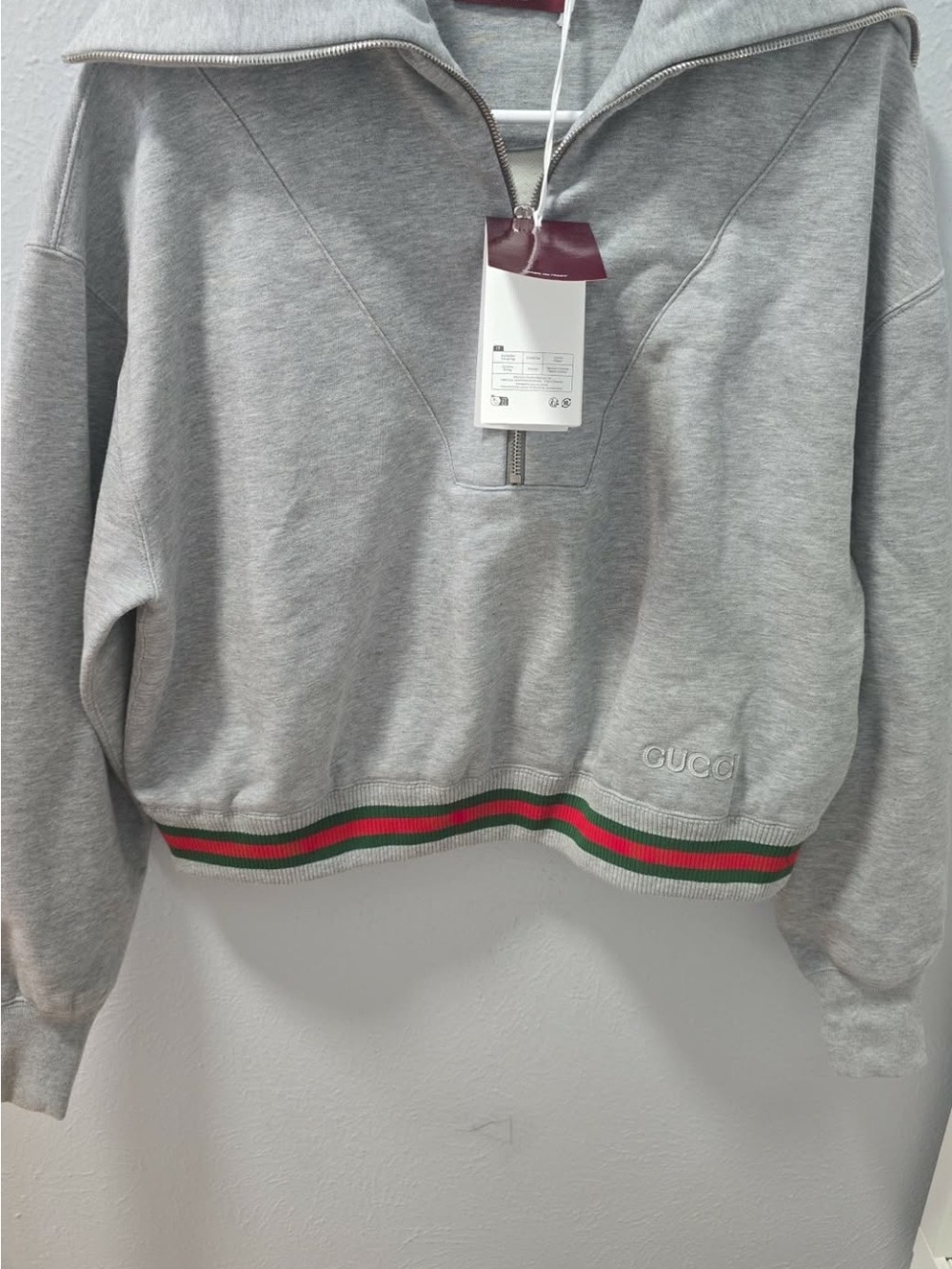 Gucci Grey Half-Zip Sweatshirt with Red & Green Web Trim